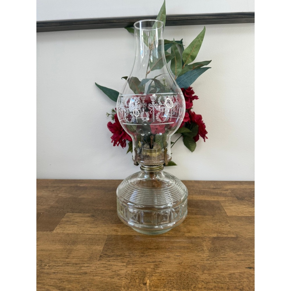 Vintage Oil Lamp‎ Etched Glass Clear Pressed Glass Lamplight Farms Farmhouse
